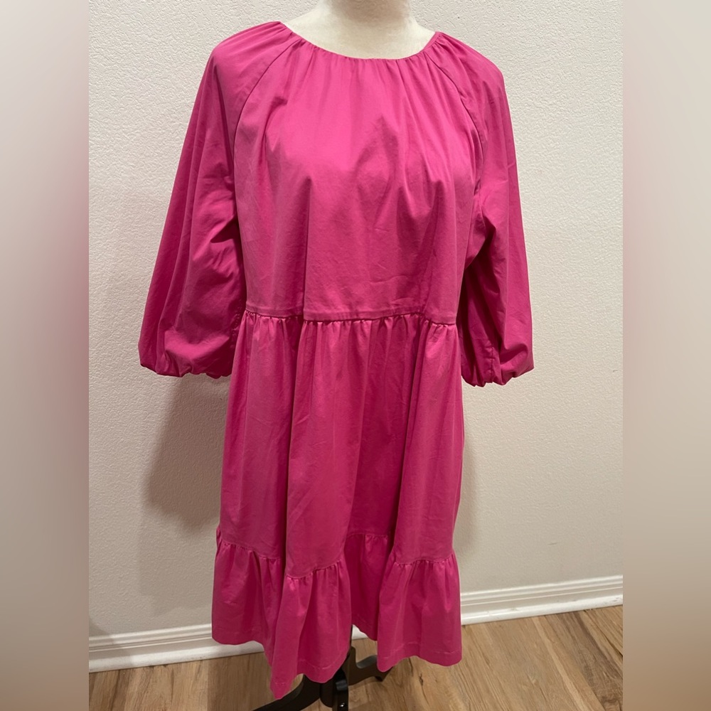 Chicos Poplin Balloon Sleeve Tiered Dress Pink Barbie Size 12